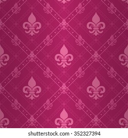 Expensive king seamless pattern with tender pink heraldic fleur-de-lys ornament elements on glamour pink bright background with dotted border fill out. Elegant texture for wallpapers, curtains.