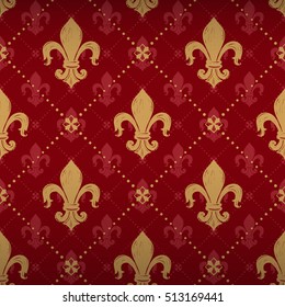 Expensive kingly seamless pattern with gold lily ornament signs in style of fashion on empire red shaded background with square and dot fill out. Attractive pattern design for all kinds of surfaces.