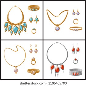 Expensive luxurious jewelry inlaid with gemstones. Gorgeous necklaces, cute ear-rings, gold or silver bracelets in sets isolated vector illustrations.