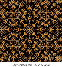 Costoso patrón geométrico de lujo sin fisuras con cuadrados y centavos en gradiente dorado. Ornamento para impresión en tela, cubierta y embalaje. Vector sobre fondo negro