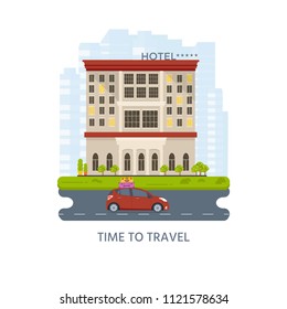 Expensive Luxury Hotel In The City, Flat Vector Motel Building On Street Road With Cars, Town Landscape, Front View Cityscape. Travel And Tourism Concept.