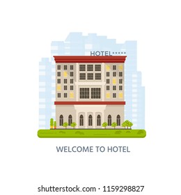 Expensive luxury hotel in the city, flat vector motel building on street road with cars, town landscape, front view cityscape. Travel and tourism concept.