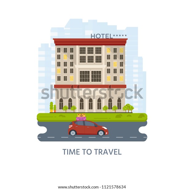 Expensive luxury hotel in the city, flat vector\
motel building on street road with cars, town landscape, front view\
cityscape. Travel and tourism\
concept.