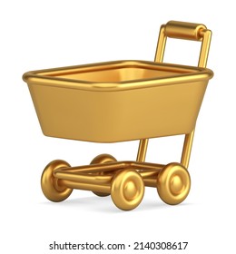 Expensive metallic glossy supermarket trolley for grocery shopping goods transportation front side view 3d icon vector illustration. Premium store push cart online delivery service badge isolated