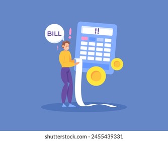 expensive monthly bills. manage and calculate all bills. a man was shocked because he saw a large bill report. problems, management, expenses, and finances. illustration concept design. graphic 