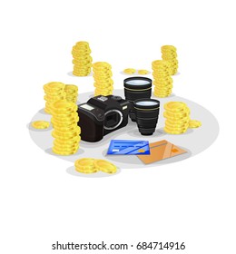 Expensive photography camera: Photographic equipment surrounded by many coins. High economic value. Vector image