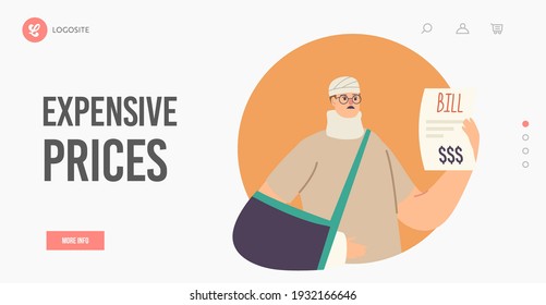 Expensive Prices Landing Page Template. Upset Male Character Shocked with Medicine Service High Cost. Injured Dissatisfied Man with Hand Fracture and Bandaged Head. Cartoon People Vector Illustration