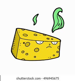 Expensive and rare blue funny cute freehand cartoon cheese with holes is sad, because everyone thinks that he is spoiled by mold and that's why from it comes a terrible stink