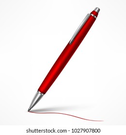 Expensive red tilt pen with writing line on paper, isolated white. Vector illustration.