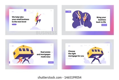 Expensive Rent, Overwhelming Mortgage, Career Boost, Start Up Website Landing Page Set, Business People Flying Off with Jet Pack, Carry Huge House Web Page. Cartoon Flat Vector Illustration, Banner