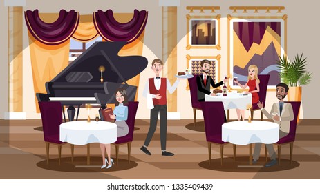 Expensive Restaurant Interior In A Hotel With People Inside. Visitors Sitting At The Table And Having Lunch Or Dining. Flat Vector Illustration