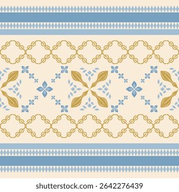 Expensive Royal Silk Weaves Elaborate Charming Florals Arranged With Blue Gold Scroll Ornament Border Pattern. Fine Medieval Neo Classic Luxury Style for Fabrics Textiles Texture Apparel Mosaic Banner