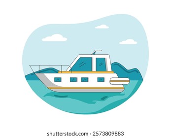 Expensive sea vehicle, yacht for summer holiday trip. Character design. Vector flat illustration