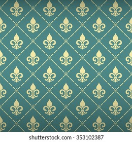 Expensive seamless pattern with light yellow heraldic fleur-de-lys ornament elements on aqua blue shining background with lotus and chain fill out. Wallpaper, curtain design. Royal seamless pattern.