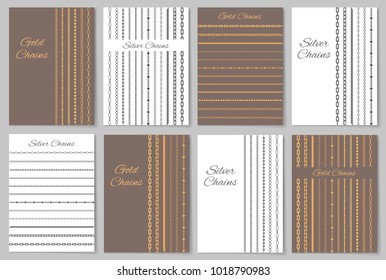 Expensive silver and gold chains promo posters set. Luxurious jewelry of several designs cartoon flat vector illustrations on advertisement banners.