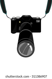 An expensive SLR Film or Digital Single Lens Reflex DSLR Camera with strap and zoom lens. Editable clip art.