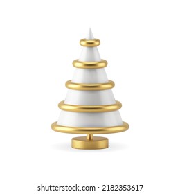 Expensive tenderness white glass Christmas tree decorated by metallic golden rings luxury design realistic vector illustration. Cute Xmas spruce fir souvenir on pedestal New Year holiday congrats