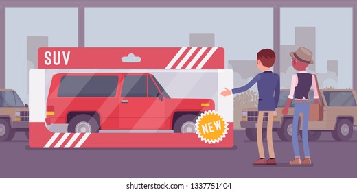 Expensive Toy For A Man. Male Person Gifted With A Wrapped Car For Entertainment, Real Vehicle In A Present Box From Auto Showroom, Automobile Amusement For Fun To Play And Drive. Vector Illustration