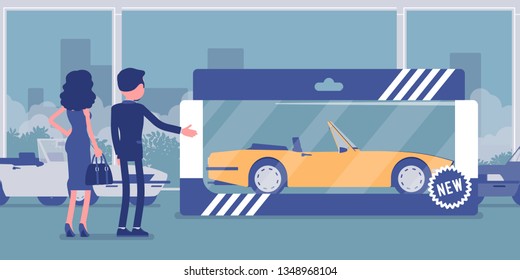 Expensive Toy For A Woman. Female Person Gifted With Wrapped Car For Entertainment, Real Vehicle In Present Box From Auto Showroom, Automobile Amusement For Fun To Play And Drive. Vector Illustration