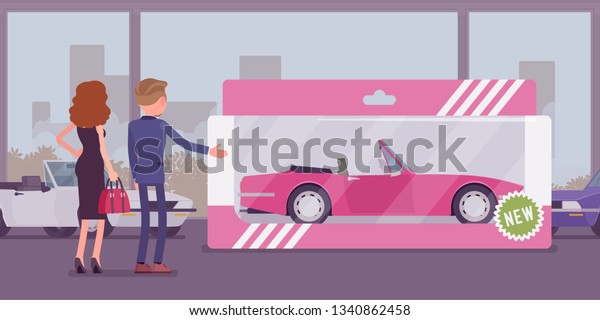 Expensive toy for a woman. Female person
gifted with wrapped car for entertainment, real vehicle in present
box from auto showroom, automobile amusement for fun to play and
drive. Vector
illustration