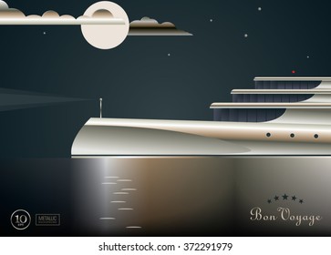 Expensive yacht with exclusive design and metallic coating sails on the sea. Night seascape scene. Great use as a poster or touristic postcard. Vector illustration eps10