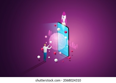 Experience 3D Metaverse, the limitless virtual reality technology for future smartphone users and digital devices. isometric vector illustration.