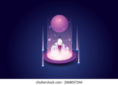 Experience 3D Metaverse, the limitless virtual reality technology for future digital device users. isometric vector illustration.