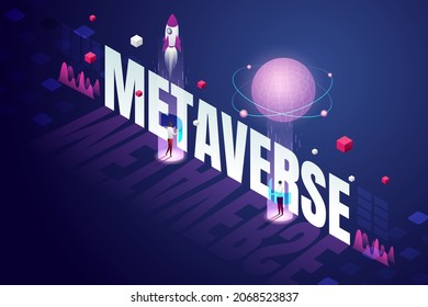 Experience 3D Metaverse, the limitless virtual reality technology for future users and digital devices. isometric vector illustration.