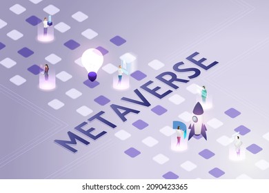 Experience 3D Metaverse, the limitless virtual reality technology for future users and digital devices on purple gray background. isometric vector illustration.