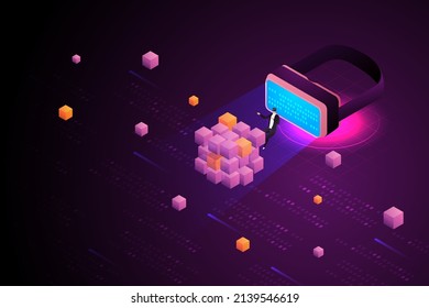 Experience 3D Metaverse, the limitless virtual reality technology for future users and digital devices. blockchain innovation connection isometric vector illustration
