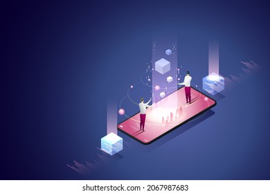 Experience 3D Metaverse, a virtual reality technology for users on smartphones and digital devices future technology. isometric vector illustration