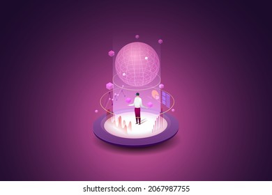 Experience 3D Metaverse, a virtual reality technology for users digital devices future technology. isometric vector illustration.