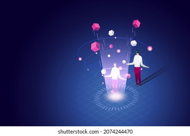Experience 3D Metaverse, a virtual reality technology for users of futuristic technology digital devices. Online vr headset users connect to the virtual space. isometric vector illustration.