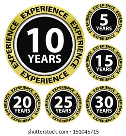 Experience 5,10,15,20,25,30 golden border and black label with circle, vector illustration