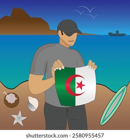 Experience Algerian coastal serenity with a touch of national pride. Stunning beachscape featuring the Algeria flag, coconut, seashells, starfish, surfboard, ship, and distant mountains