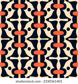 Experience the allure of a classic black and white pattern embellished with vibrant orange circles, reminiscent of the art deco style. This repeating fabric pattern exudes elegance.