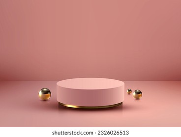 Experience the allure of luxury with this stunning 3D gold and pink podium in a modern studio room. The elegant vector illustration showcases shiny golden balls on pink background, stylish interior