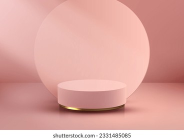 Experience the allure of luxury with this stunning 3D gold and pink podium in a modern studio room. The elegant vector illustration showcases shiny golden balls on pink background, stylish interior