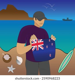 Experience Aotearoa coastal serenity with a touch of national pride. Stunning beachscape featuring the New Zealand flag, coconut, seashells, starfish, surfboard, ship, and distant mountains