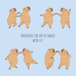 Experience the art of dance with us. Banner, dance school, dancing at any age, couple, art of dance, learn to dance, capybaras, love, championship, contest, competitions, waltz, tango