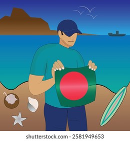 Experience Bangladeshi coastal serenity with a touch of national pride. Stunning beachscape featuring the Bangladesh flag, coconut, seashells, starfish, surfboard, ship, and distant mountains