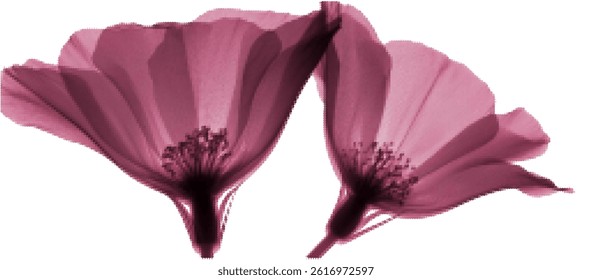Experience the beauty of nature with this stunning 3D floral illustration featuring transparent red flowers, capturing the essence of radiology and the elegance of orchids and other blossoms.