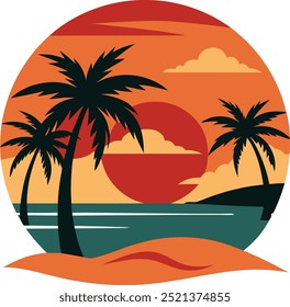 Experience the beauty of a tropical sunset with silhouetted palm trees, vibrant orange skies, and birds flying over a tranquil ocean scene. Perfect for travel, nature, or tropical-themed content