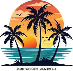 Experience the beauty of a tropical sunset with silhouetted palm trees, vibrant orange skies, and birds flying over a tranquil ocean scene. Perfect for travel, nature, or tropical-themed content