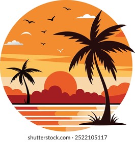 Experience the beauty of a tropical sunset with silhouetted palm trees, vibrant orange skies, and birds flying over a tranquil ocean scene. Perfect for travel, nature, or tropical-themed content