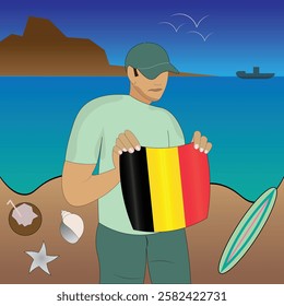 Experience Belgian coastal serenity with a touch of national pride. Stunning beachscape featuring the Belgium flag, coconut, seashells, starfish, surfboard, ship, and distant mountains