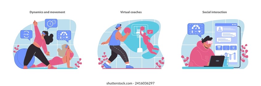 Experience the blend of virtual training and real-world fitness with dynamic movements, personal virtual coaches, and engaging social interactions in our VR Workout vectors.