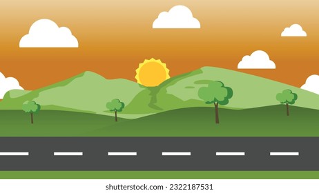 Experience the breathtaking beauty of nature with Shutterstock! Explore our stunning vector illustration of a scenic mountain road against a backdrop of a mesmerizing orange sunset sky.