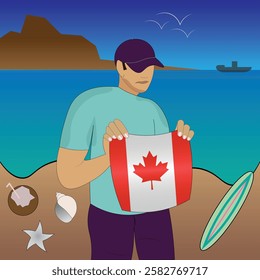 Experience Canadian coastal serenity with a touch of national pride. Stunning beachscape featuring the Canada flag, coconut, seashells, starfish, surfboard, ship, and distant mountains