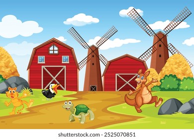 Experimente el encanto de la vida rural con este encantador diseño de Vector de granja, que muestra una variedad de animales de granja en un entorno pintoresco. Ideal para proyectos agrícolas, libros infantiles.